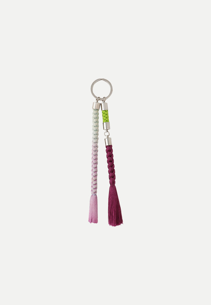 Keyring made from vintage silk obi cords in lime green, purple and ombre light blue to pink