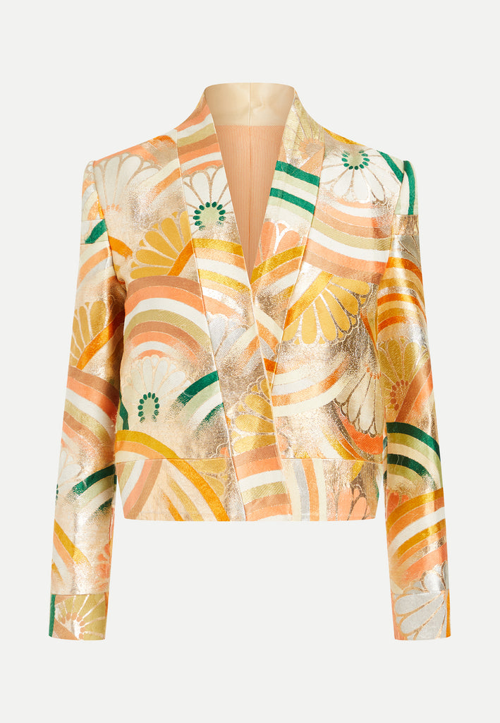 Womenswear gold kimono cropped jacket front