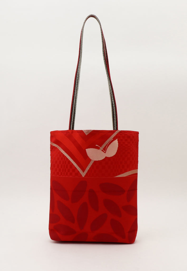red tote bag with butterfly and paint daubs motif made from vintage kimonos