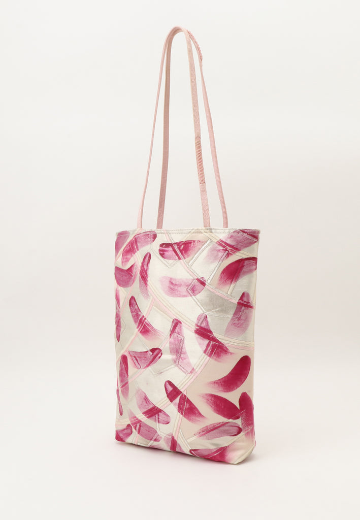 silver tote bag with pink paint daubs, made from vintage kimonos