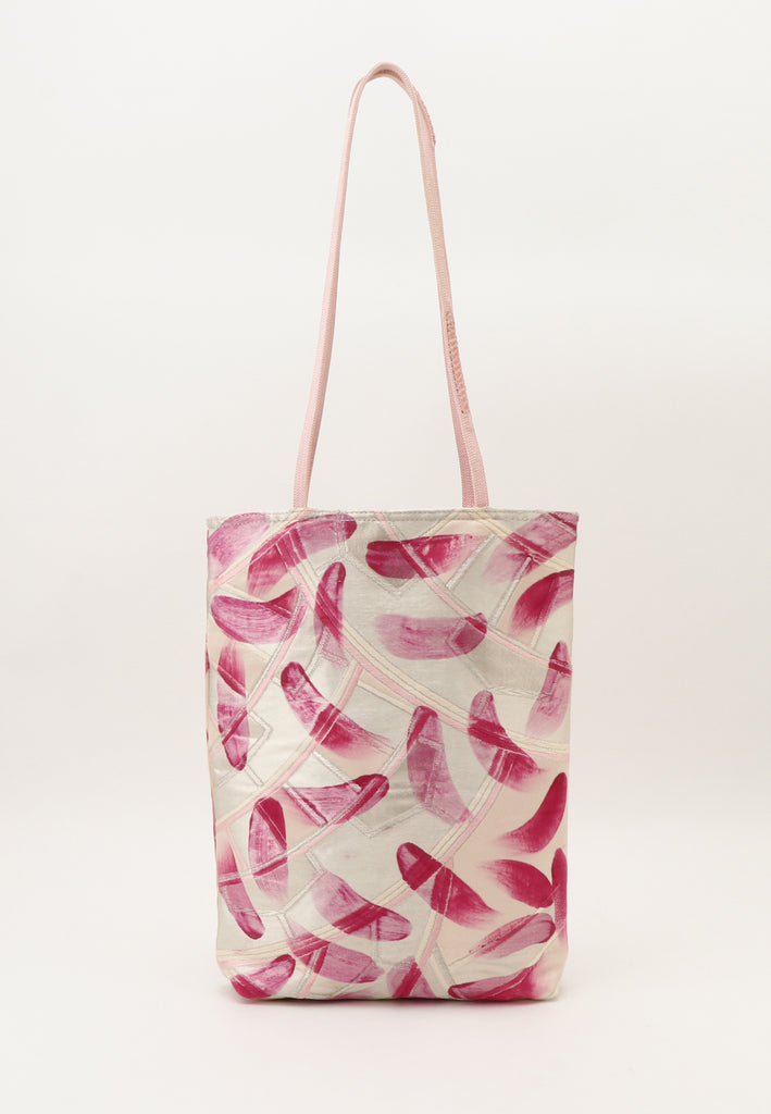 silver tote bag with pink paint daubs, made from vintage kimonos