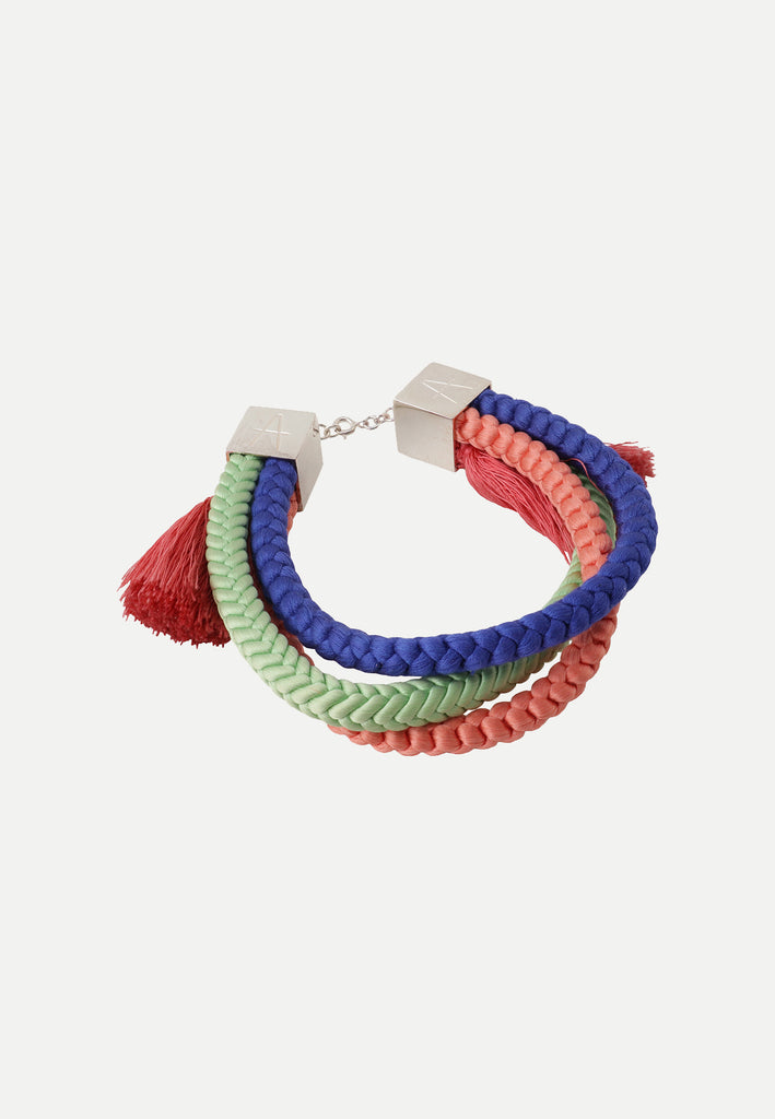 bracelet in pink, royal blue and light green made from vintage silk obijime cords and sterling silver