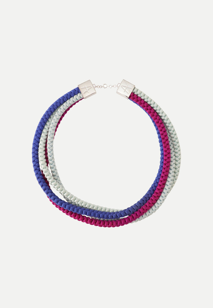Necklace made from royal blue, purple and light blue vintage silk obijime cords and silver plated findings. 
