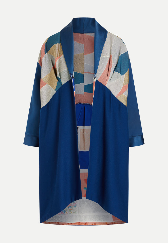 womenswear blue patchwork boro coat front